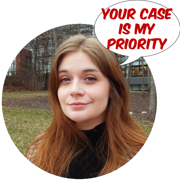 Bea Asboth smiling with her hair down and a text buble above her head that reads -Your case is my priority-.