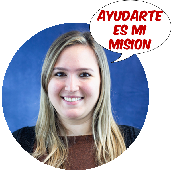 Samantha Panizo Baiochi sonrriendo con un fondo azul y una burbuja de texto que dice -Ayudarte es mi mision-.