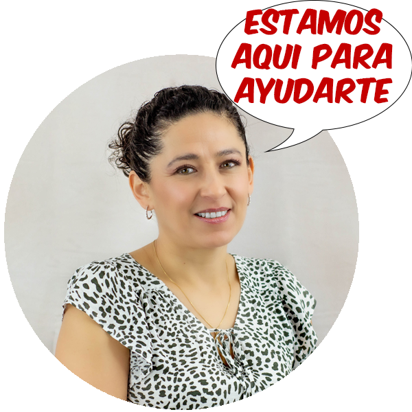 Sheila Valejo sonriendo con una burbuja de texto que dice -Estamos aqui para ayudarte-.